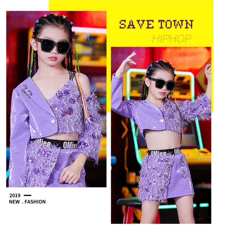Trang Phục Biểu Diễn Nhảy Hip Hop Đường Phố Đính Kim Sa Lấp Lánh Dành Cho Bé Gái