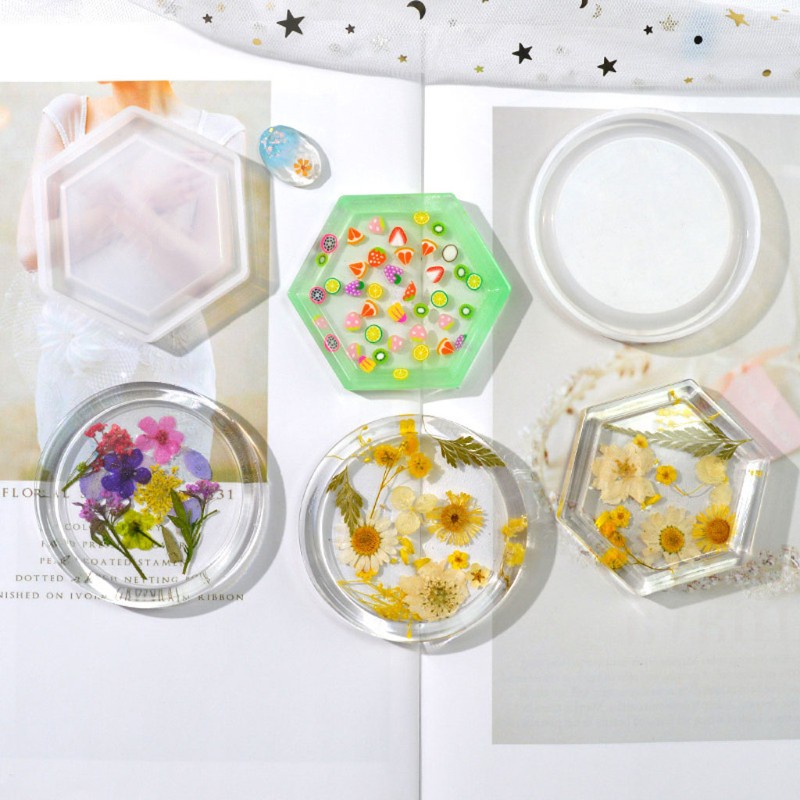 Khuôn đúc resin epoxy hình đĩa tròn/lục giác làm khay trang sức và đế nến chất liệu silicone