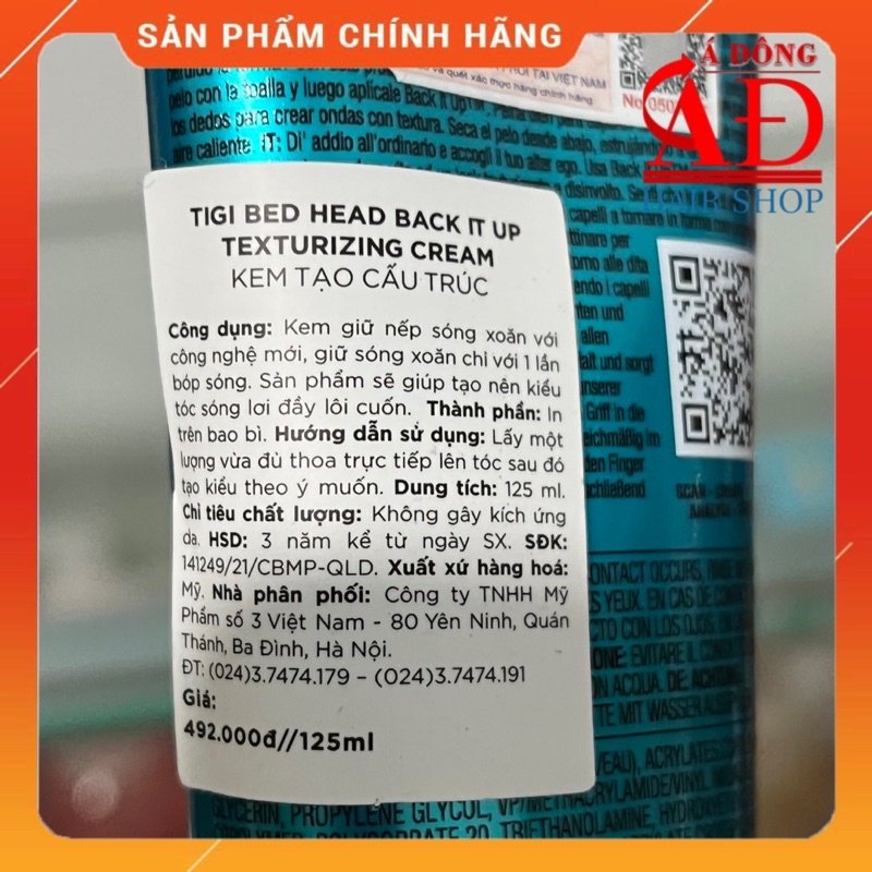 [+Tặng mũ trùm] KEM GIỮ NẾP XOĂN TẠO KẾT CẤU TÓC TIGI BEDHEAD BACK IT UP TEXTURIZING CREAM MỸ 125ML