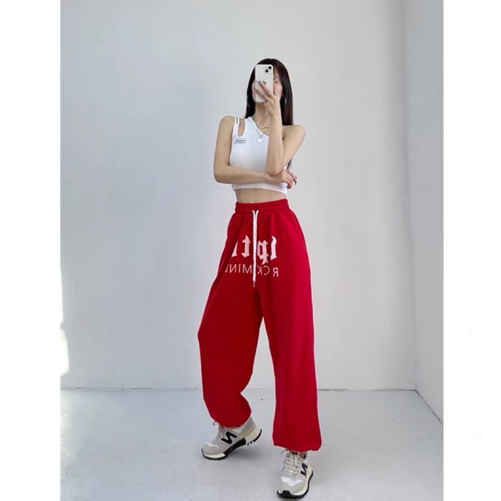 Quần Jogger Lưng Cao Ống Rộng In Chữ Phong Cách Hip Hop Thời Trang Cho Nữ