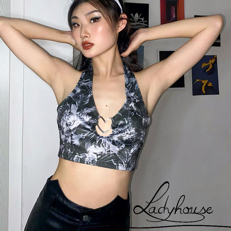 Áo hai dây hở lưng có vòng kim loại in họa tiết trừu tượng thời trang cho nữ