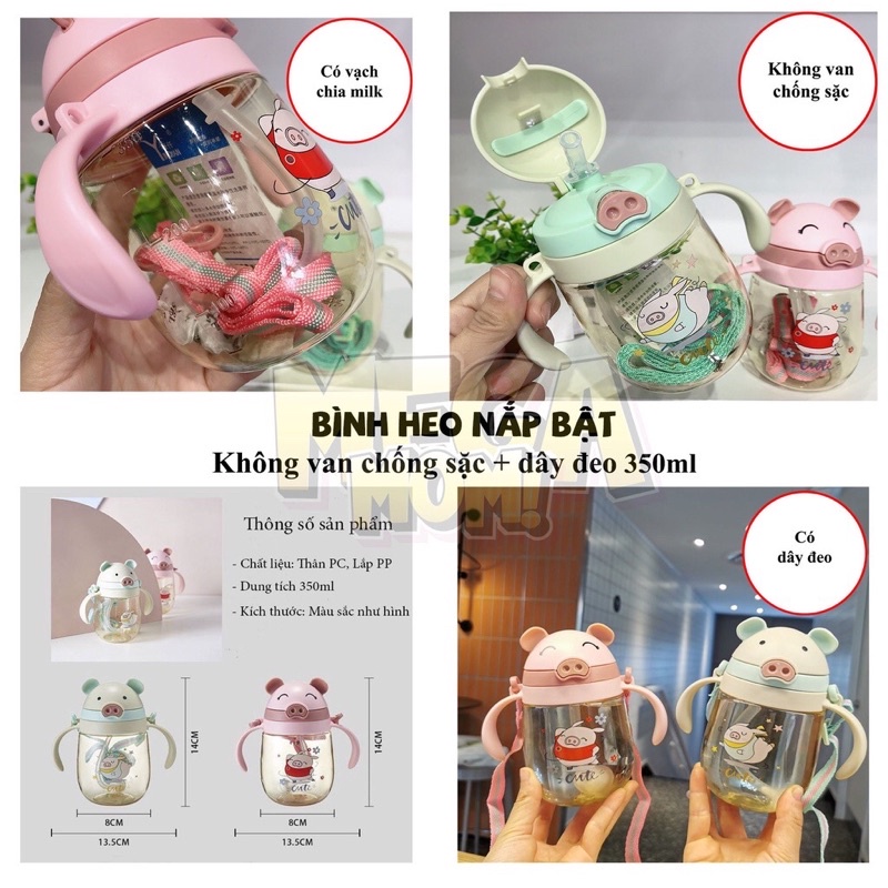 ( Bình 280ml/350ml) Bình Uống Nước Cho Bé Có Van Chống sặc, Không Rò Rỉ Nước Hình Heo/Hươu Có Quai Đeo Cực Tiện Lợi