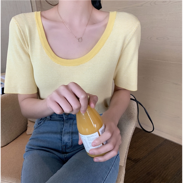 SUXI Áo Thun Tay Ngắn Cổ Chữ U Dáng Rộng Kẻ Sọc Ngang Trẻ Trung Phong Cách Hàn Quốc