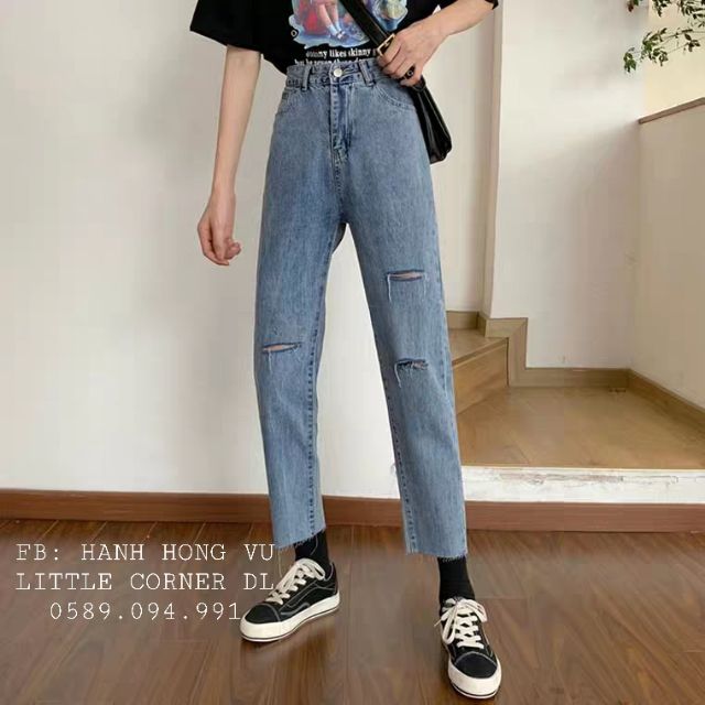 Quần slim baggy jeans rách ngang 1/2 lưng cao form ulzzang kèm ảnh thật