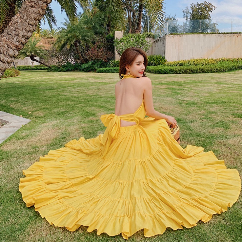 Váy đi biển xòe LUHAZO nữ đẹp maxi 2 dây dáng dài rộng bigsize kiểu Hàn Quốc vintage  babydoll hở lưng 1212 DK1T3