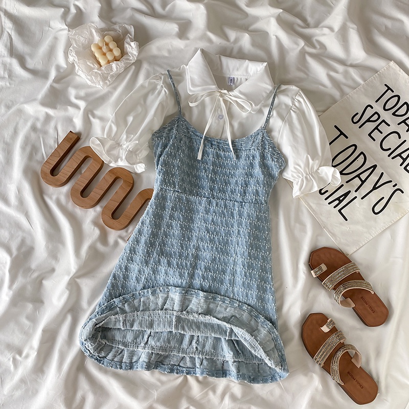 Set Áo Sơ Mi Trắng + Đầm Yếm Denim Thời Trang Mùa Hè Cho Nữ