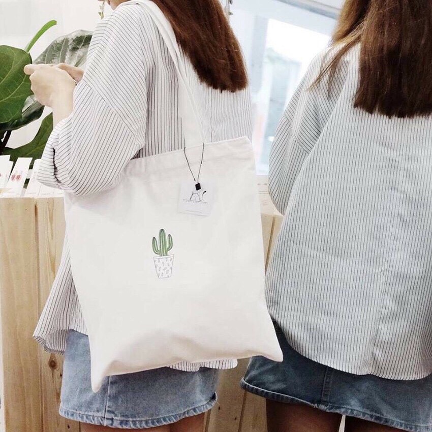 Túi Tote Túi Vải Canvas Mềm Hình Xương Rồng Có Khóa Miệng