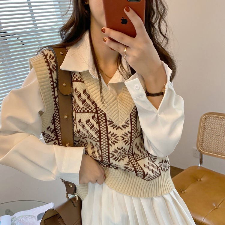 Áo sát nách ZHELIHANGFEI dệt kim cổ chữ V phối màu tương phản phong cách Nhật Bản thời trang thu đông mới dành cho nữ