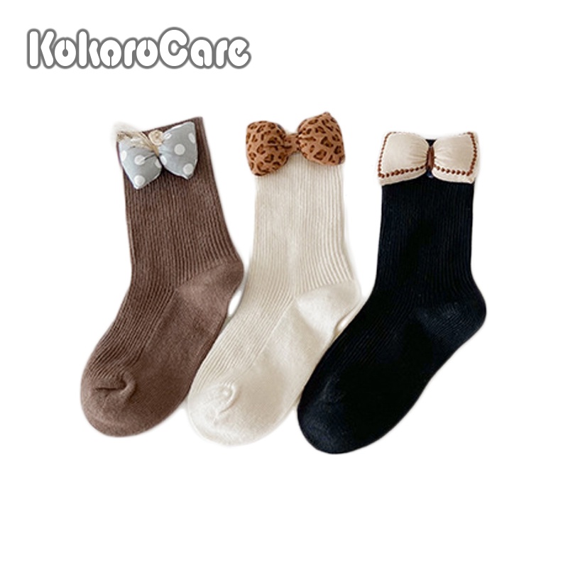 Set 3 đôi vớ cotton KOKOROCARE MSW-43 màu trơn đính nơ da báo chấm bi thời trang thu đông cho bé gái 1-8 tuổi