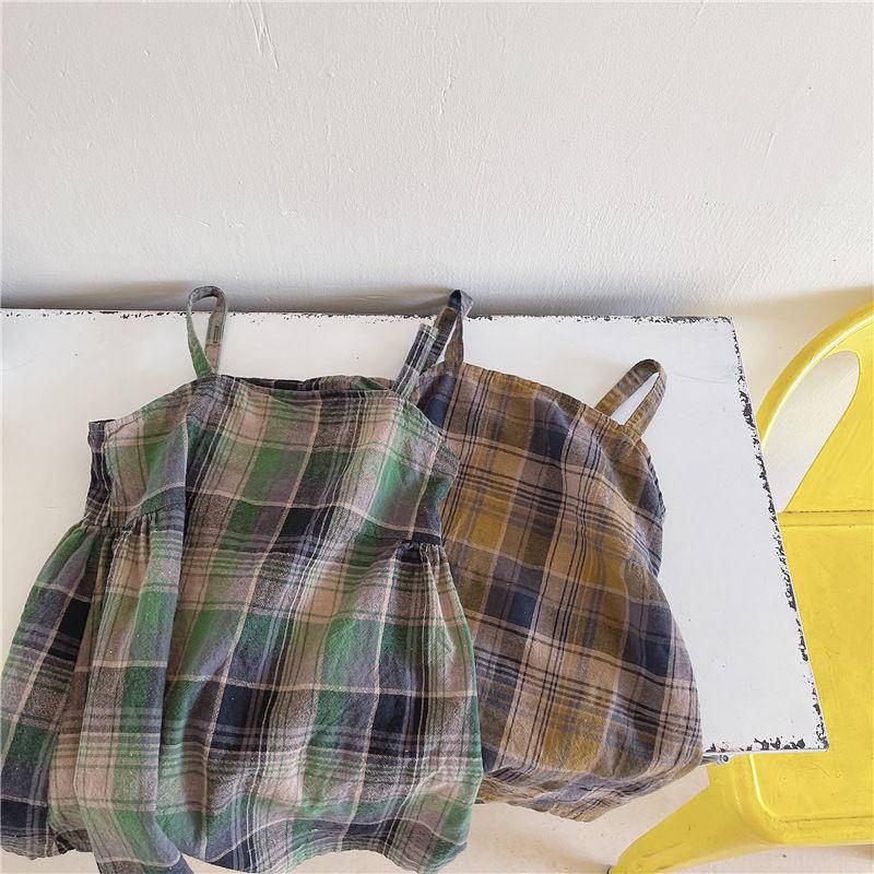 Áo đầm hai dây vải cotton và lanh họa tiết kẻ ô cổ điển phong cách Hàn Quốc dành cho bé gái