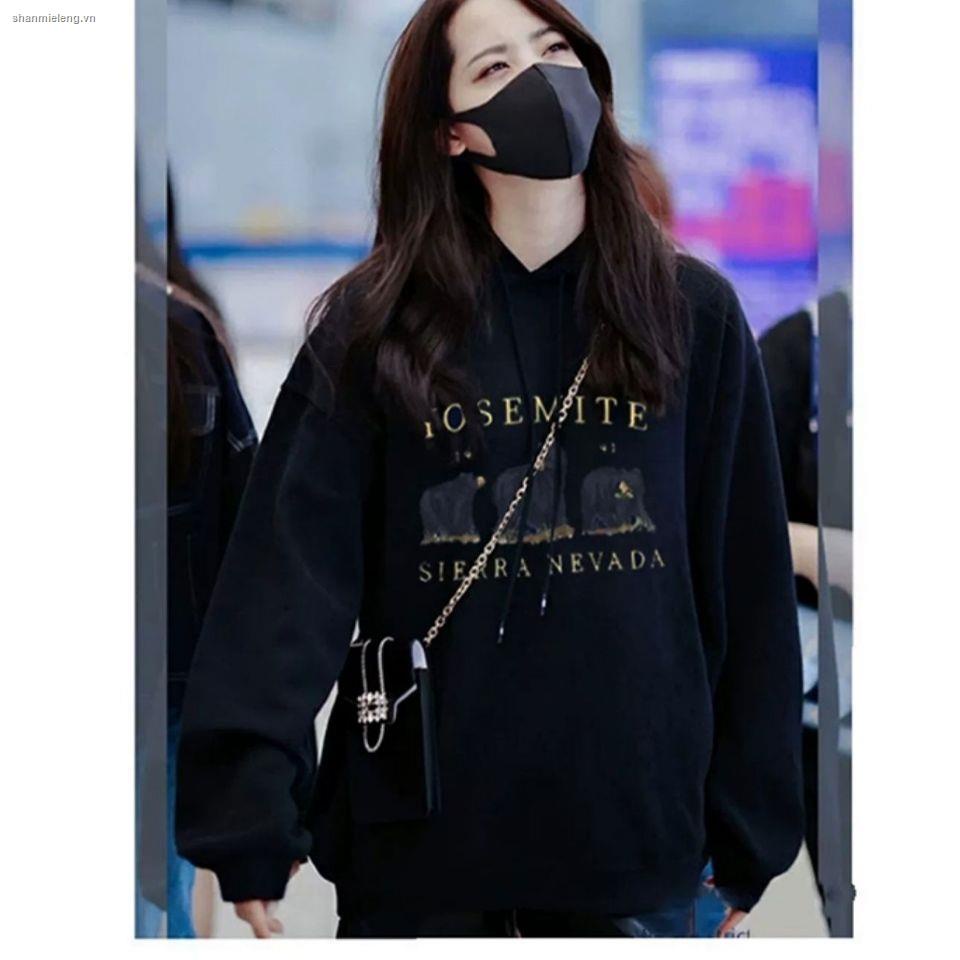 Áo Hoodie Cotton Phối Nhung Tay Dài Dáng Rộng Màu Đen Đơn Giản Dành Cho Nữ | BigBuy360 - bigbuy360.vn