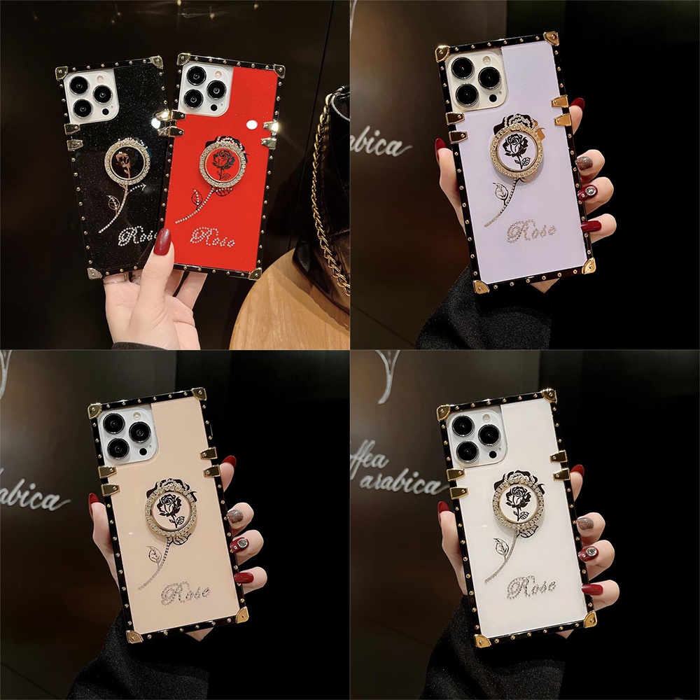 Ốp Điện Thoại Vuông Có Giá Đỡ Hình Hoa Đính Đá Lấp Lánh Cho iPhone XS Max XR 6 7 8 Plus SE 2020 6s Plus