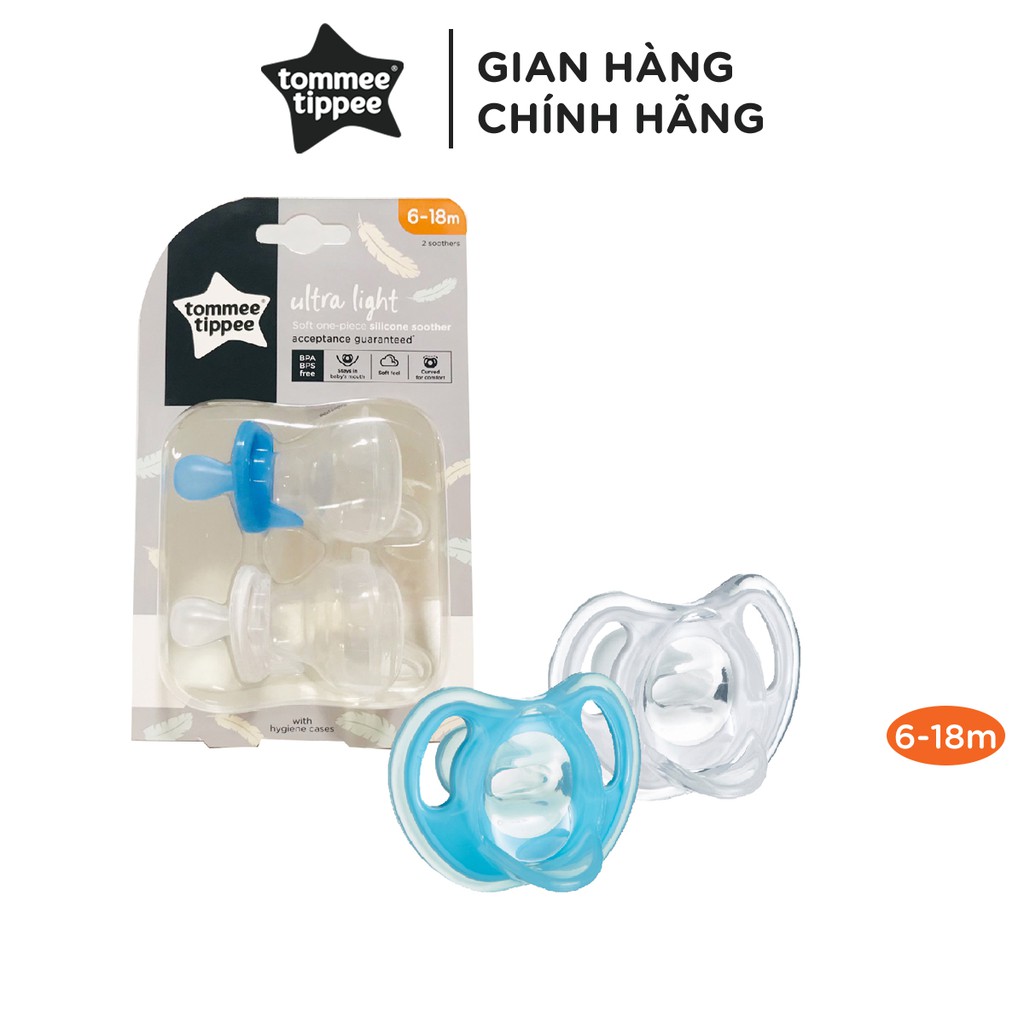 Ty ngậm silicon siêu nhẹ cho bé Tommee Tippee 6-18 tháng (vỉ 2 cái) - Xanh dương/Trắng