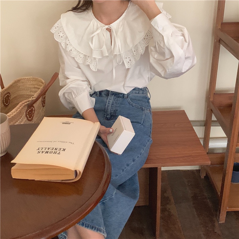 Áo Kiểu Tay Dài Phối Ren Cổ Bẻ 45786