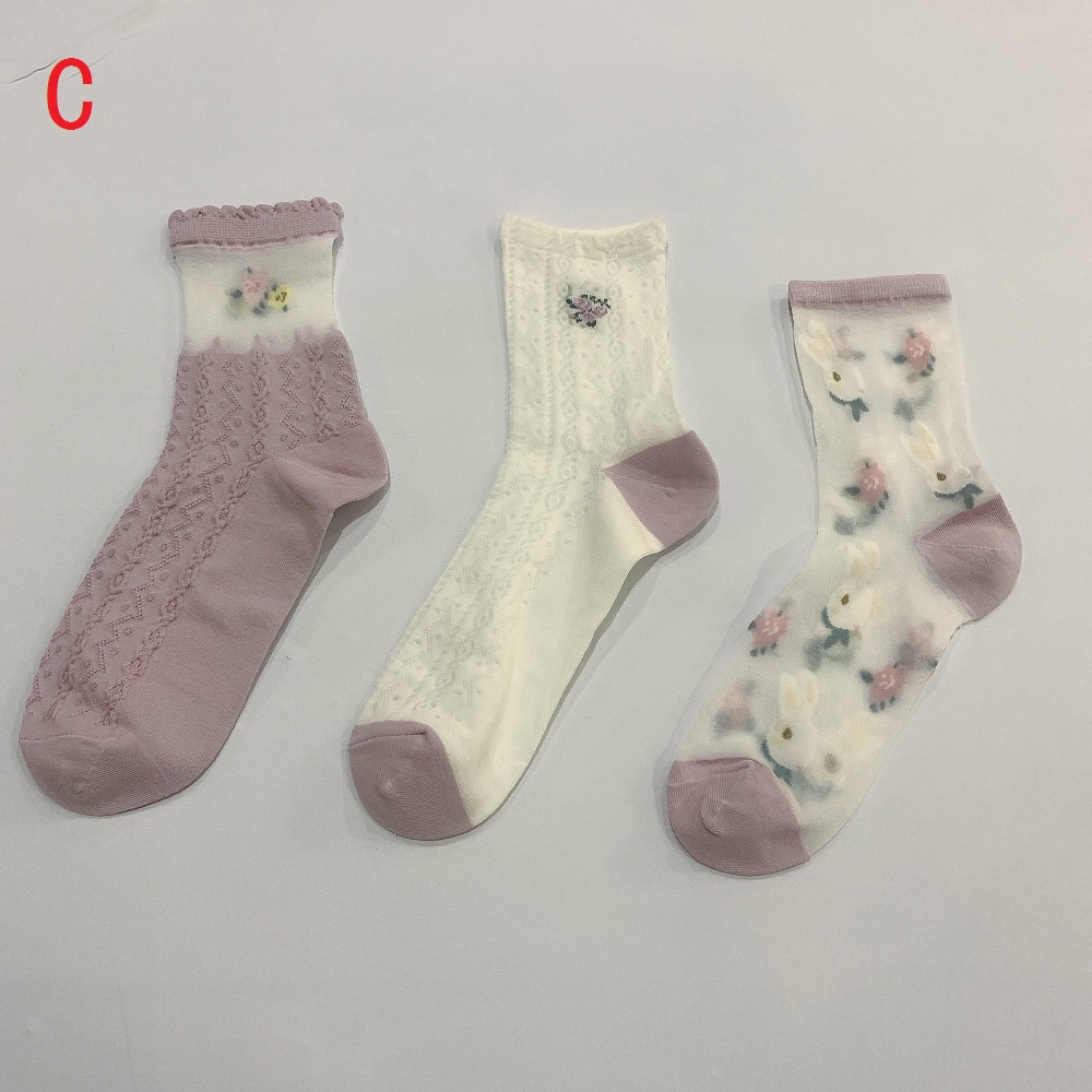 Set 3 Đôi Vớ Cotton Họa Tiết Hoạt Hình Phong Cách Lolita Đáng Yêu