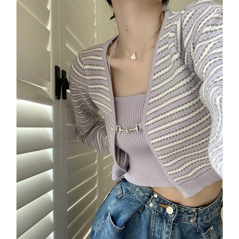 Set Áo Khoác Cardigan Họa Tiết Kẻ Sọc Và Áo Hai Dây Thời Trang Cho Nữ