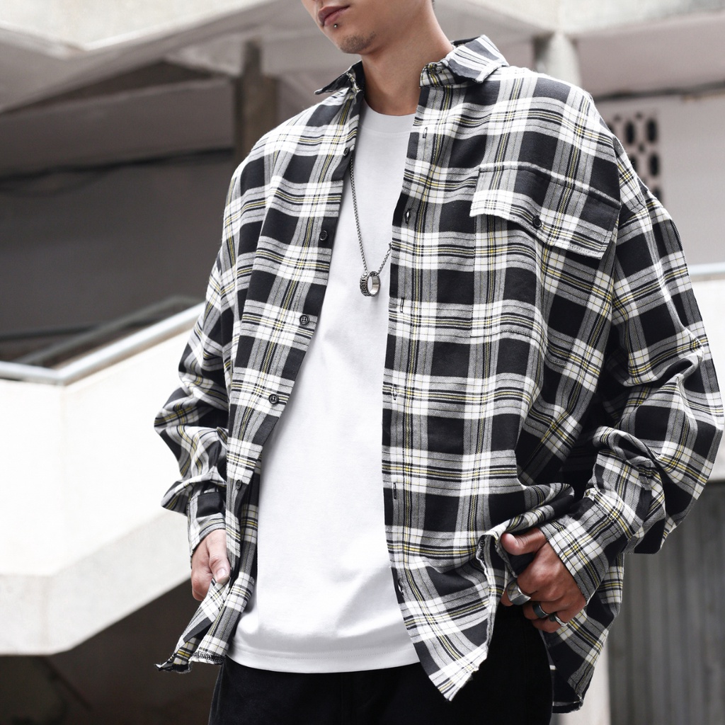 Áo Sơ Mi Flannel Màu Trắng Sọc Vàng Đen Form Rộng Thoải Mái Chất Liệu Cotton Thoáng Mát