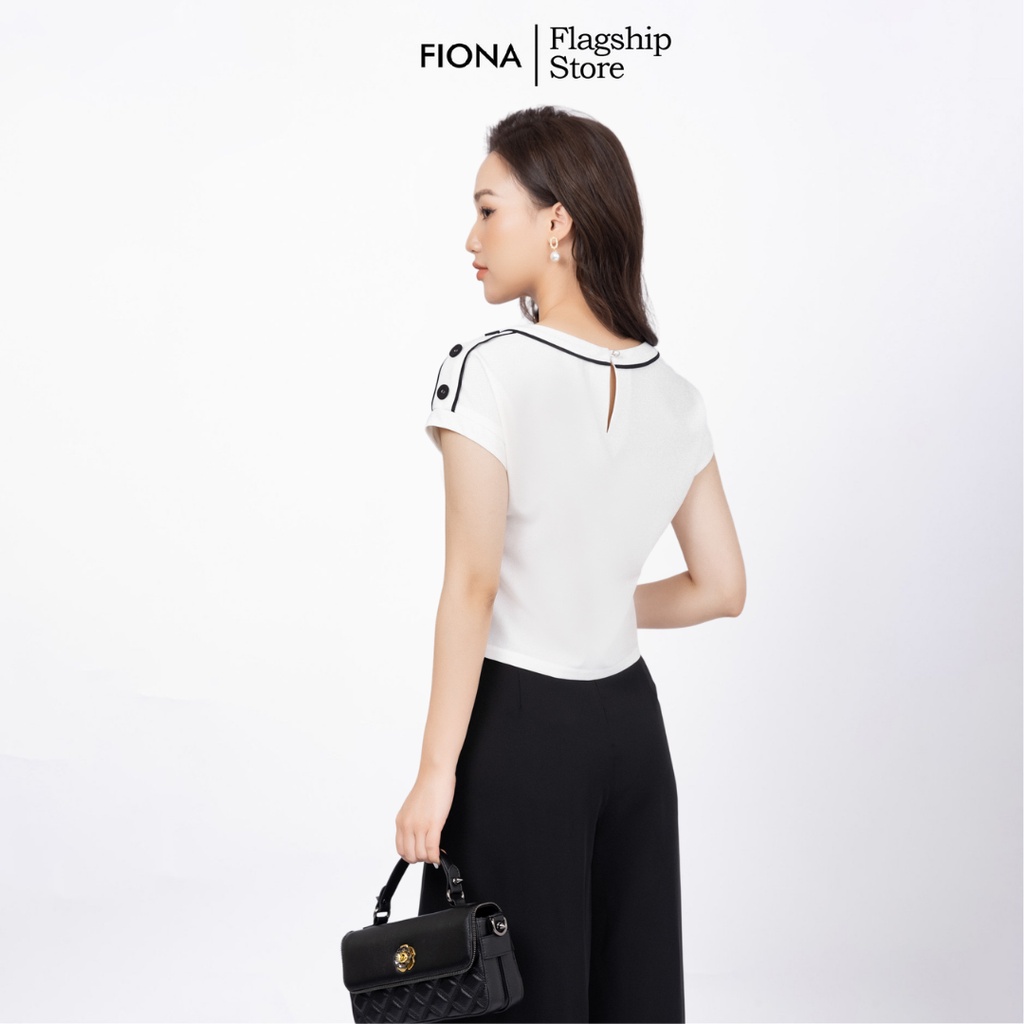 Áo sơ mi nữ dáng croptop suông kẹp lé phối lưới viền cổ vai đính cúc trang trí FIONA F552150