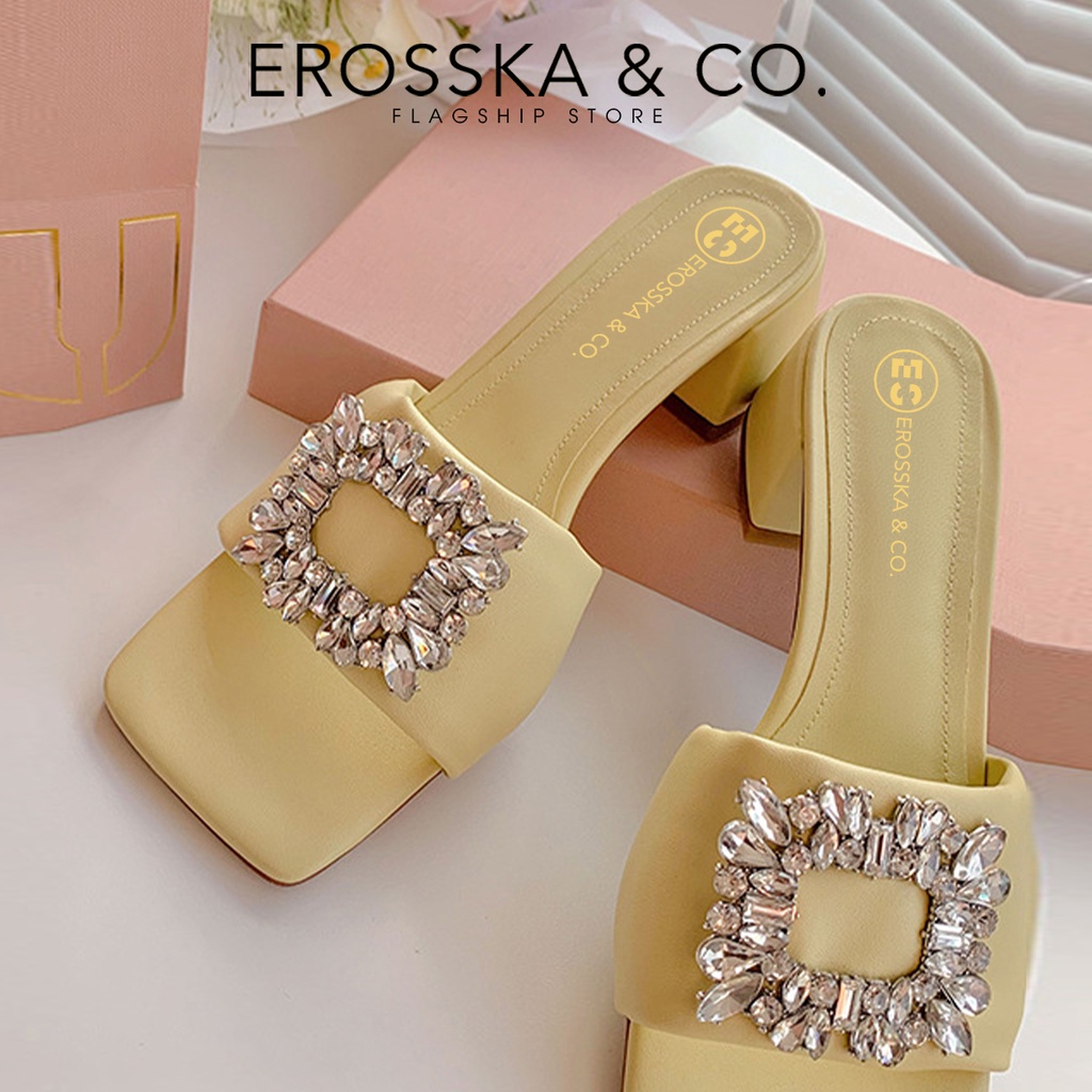 Erosska - Dép cao gót nữ quai ngang đính đá sang trọng cao 5,5cm màu trắng - EM096