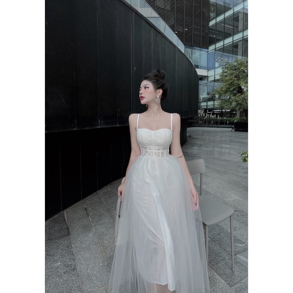 Đầm Công Chúa Dự Tiệc Maxi 2 Dây Dáng Xòe Bo Eo - Vải Ren Lưới + Lót Toàn Thân - 3 Màu Trắng, Đen, Nâu LINOIS