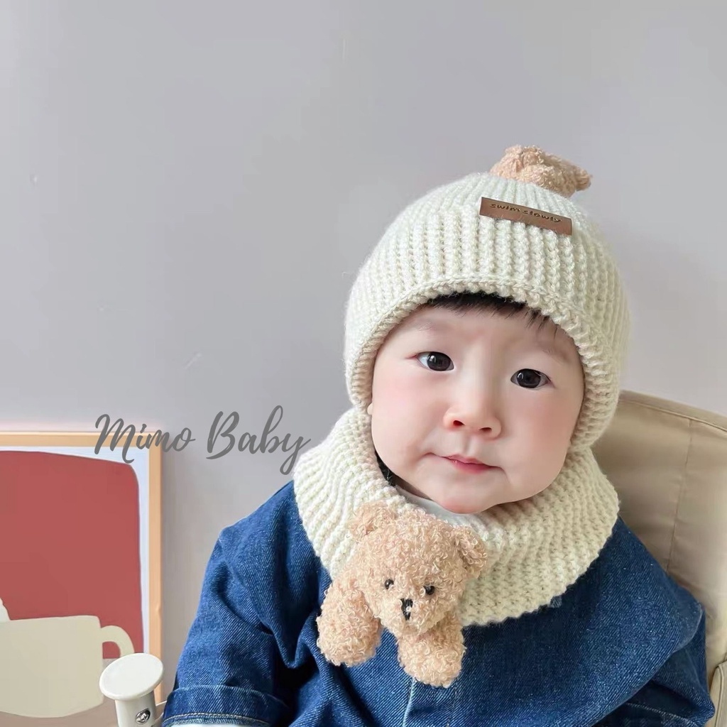 Set mũ kèm khăn len ống đính gấu bông cho bé 1-5y Mimo baby ML40