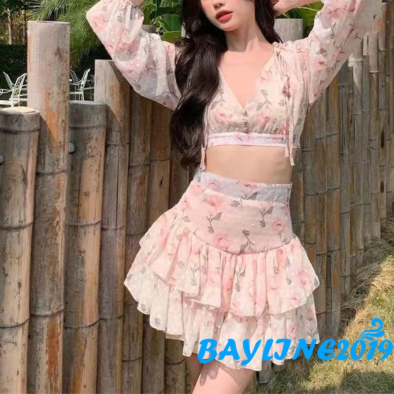 BAY-Women Summer Clothes, Long Sleeve Deep V Neck Floral Crop Tops /Mini Skirt