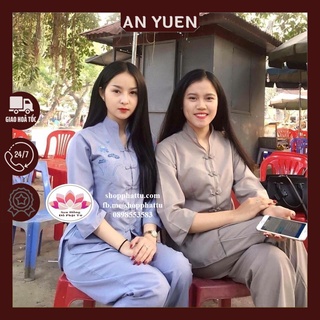 Áo lam đi chùa thêu sen - Quần áo Phật tử shop Sen Hồng loại chuẩn mịn đẹp # cổ tàu thêu sen