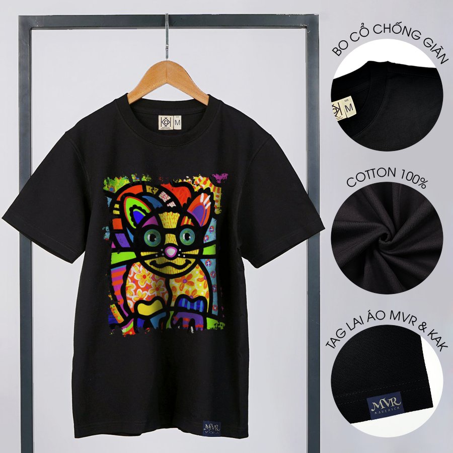 Áo phông thun Cotton nam nữ mèo nghệ sĩ màu sắc MVR size rộng tee Mỹ BB4104