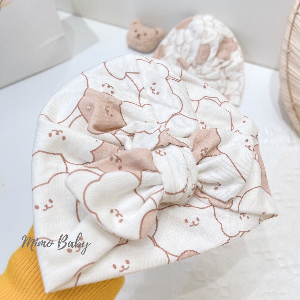 Mũ turban màu kem họa tiết hình gấu cho bé MTB96 Mimo Baby