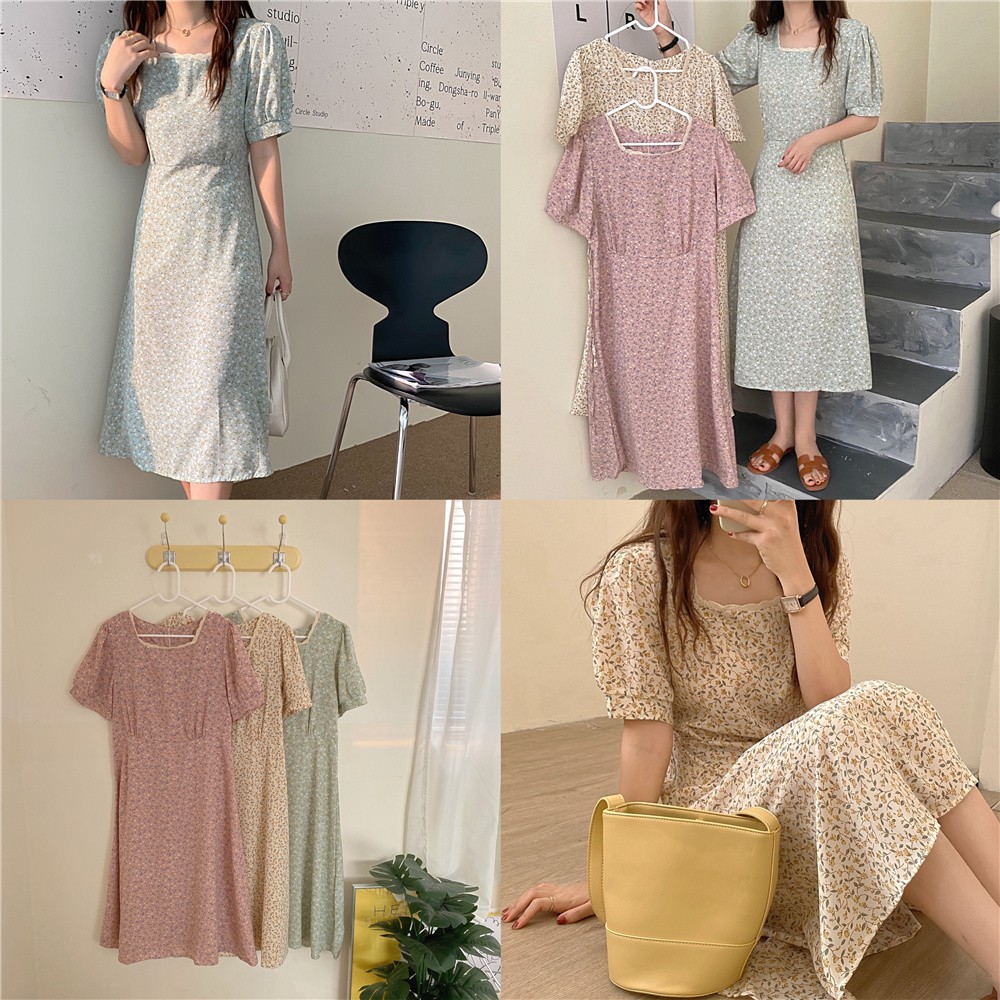 Đầm - váy hoa nhí cổ vuông phối ren tay ngắn kèm chun babydoll, Đầm - váy hoa nhí cổ vuông cộc tay vintage đi biển