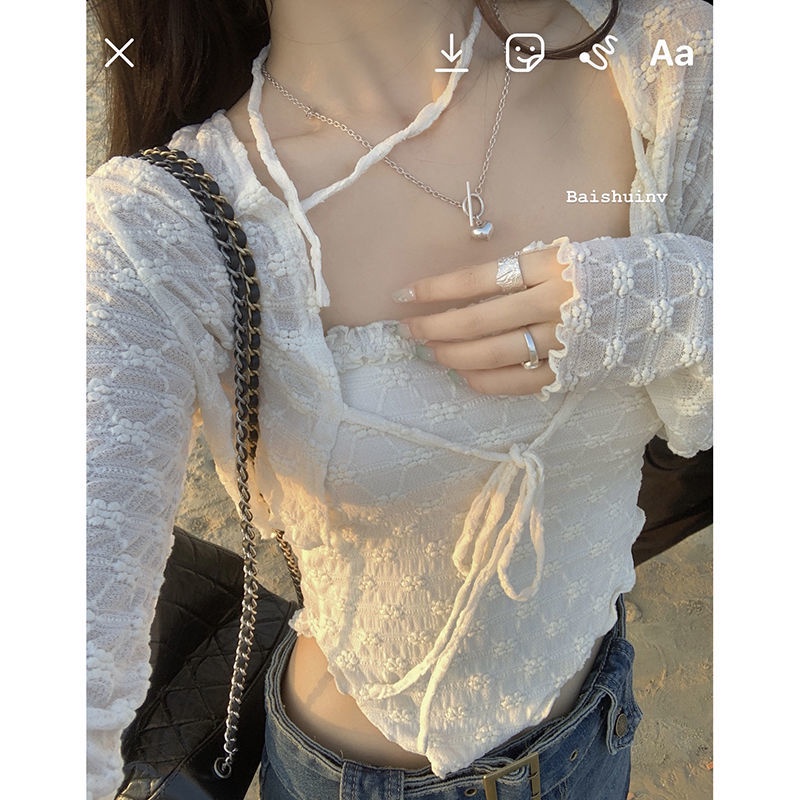 Bộ Áo Ren Hai Dây + Áo Choàng Ngắn 2022 Thời Trang Xuân Hè Cho Nữ