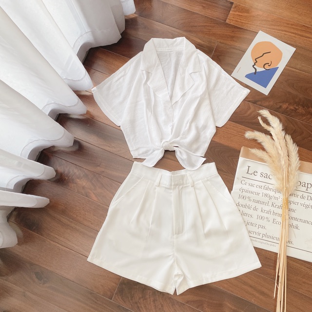 SET TRẮNG SƠMI THẮT NƠ + SHORT
