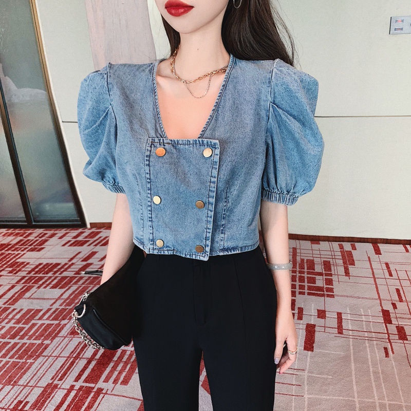 [New Hot】2021New Fashion Puff Sleeve Top Women's Summer Denim Short NavelbmDesign Shirt Short Sleeveins-【6Month10Day After】