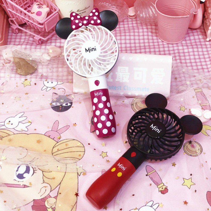 (hàng đã về) Quạt hoạt hình Mickey Minnie dễ thương Quạt USB cầm tay mini mang đèn có dây đeo mang thể sạc lại 3 chế độ 