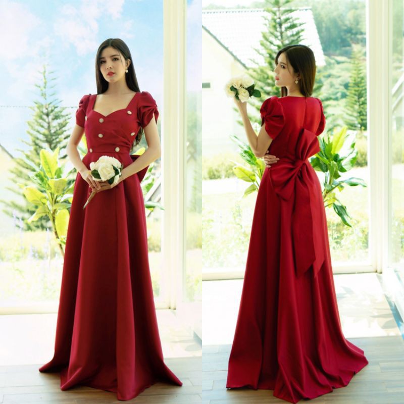 Đầm dạ hội cưới màu đỏ đính đá bản nơ to Hàn Quốc