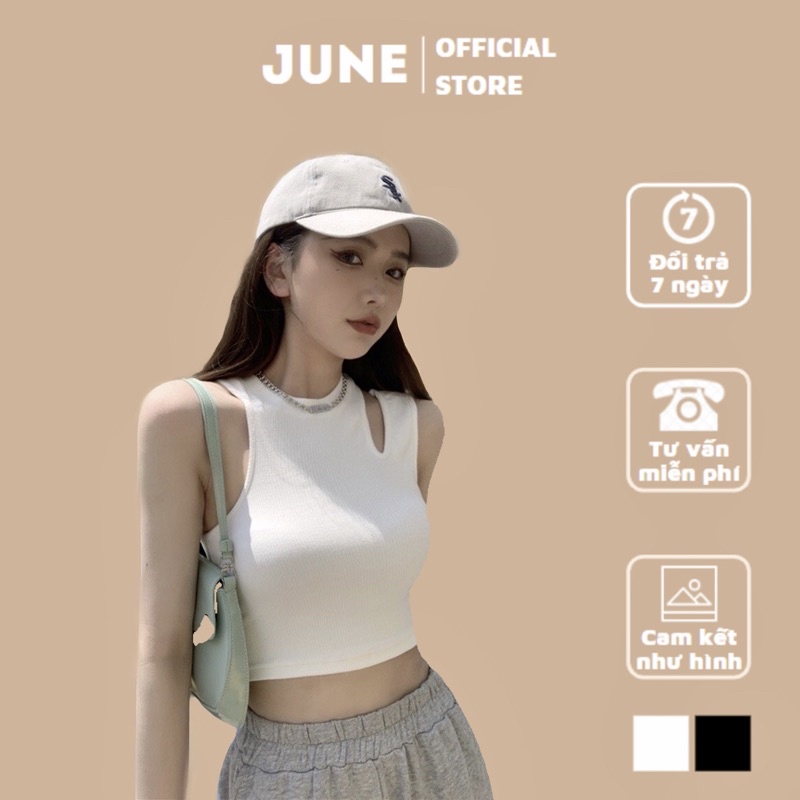 Áo thun croptop nữ ba lỗ khoét vai JUNE đen trắng freesize phom ôm hở eo sexy hàn quốc cổ tròn sát nách