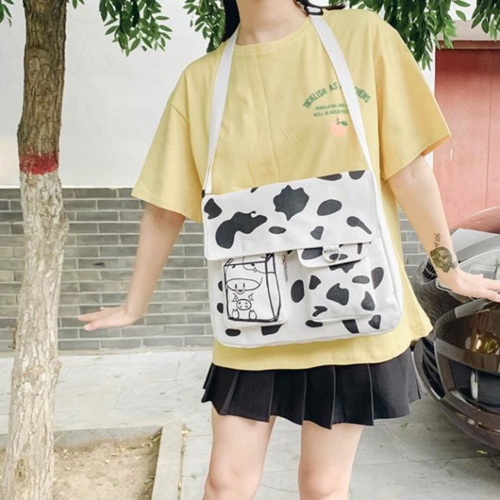 Túi tote vải canvas đựng đồ đi học đi chơi đi làm phong cách thời trang Hàn Quốc in hình bò sữa dễ thương