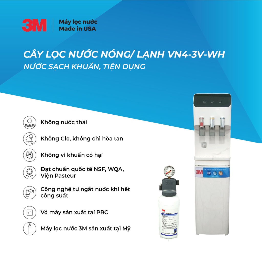 Máy Lọc Nước Nóng Lạnh 3 Vòi 3M VN4-3V Màu Trắng (Sử Dụng Máy 3M ICE140-S)