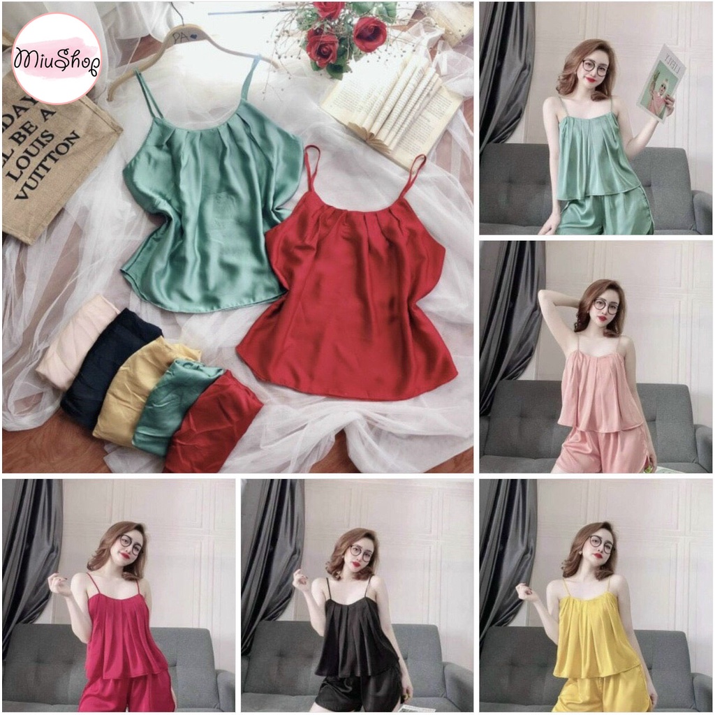 ✅ Đồ ngủ lụa satin cố xếp ly quần đùi, đồ bộ lụa trơn freesize 58kg