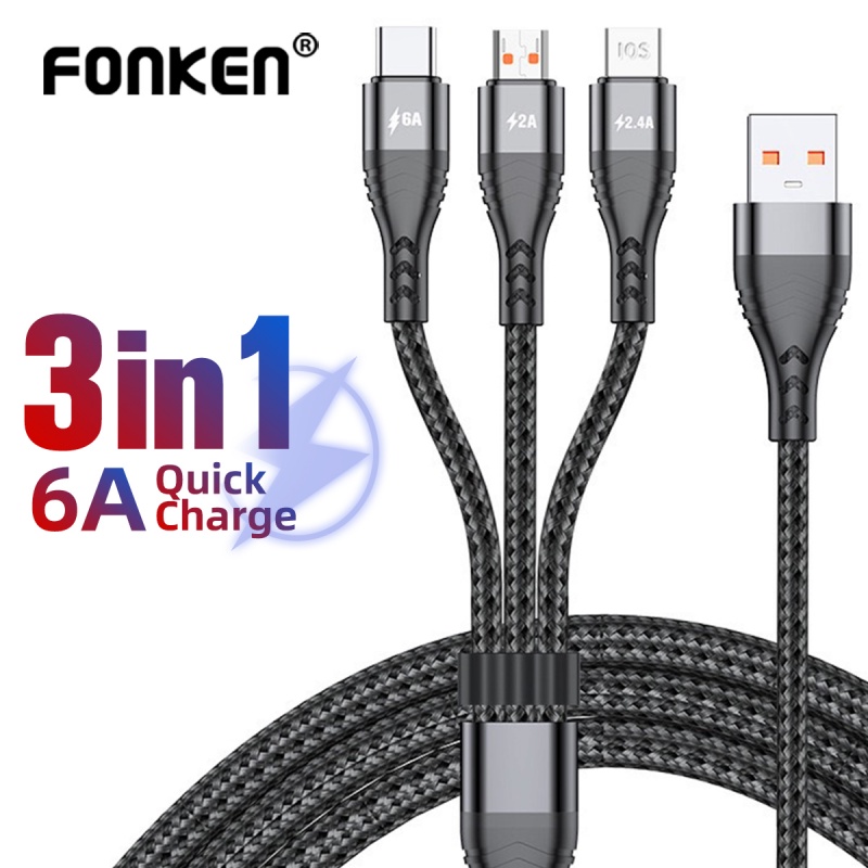 Cáp sạc nhanh Fonken USB 3 trong 1 fast charging 6A cho Huawei Mate 40 Pro quick charge Micro USB Type C cho iPhone 13
