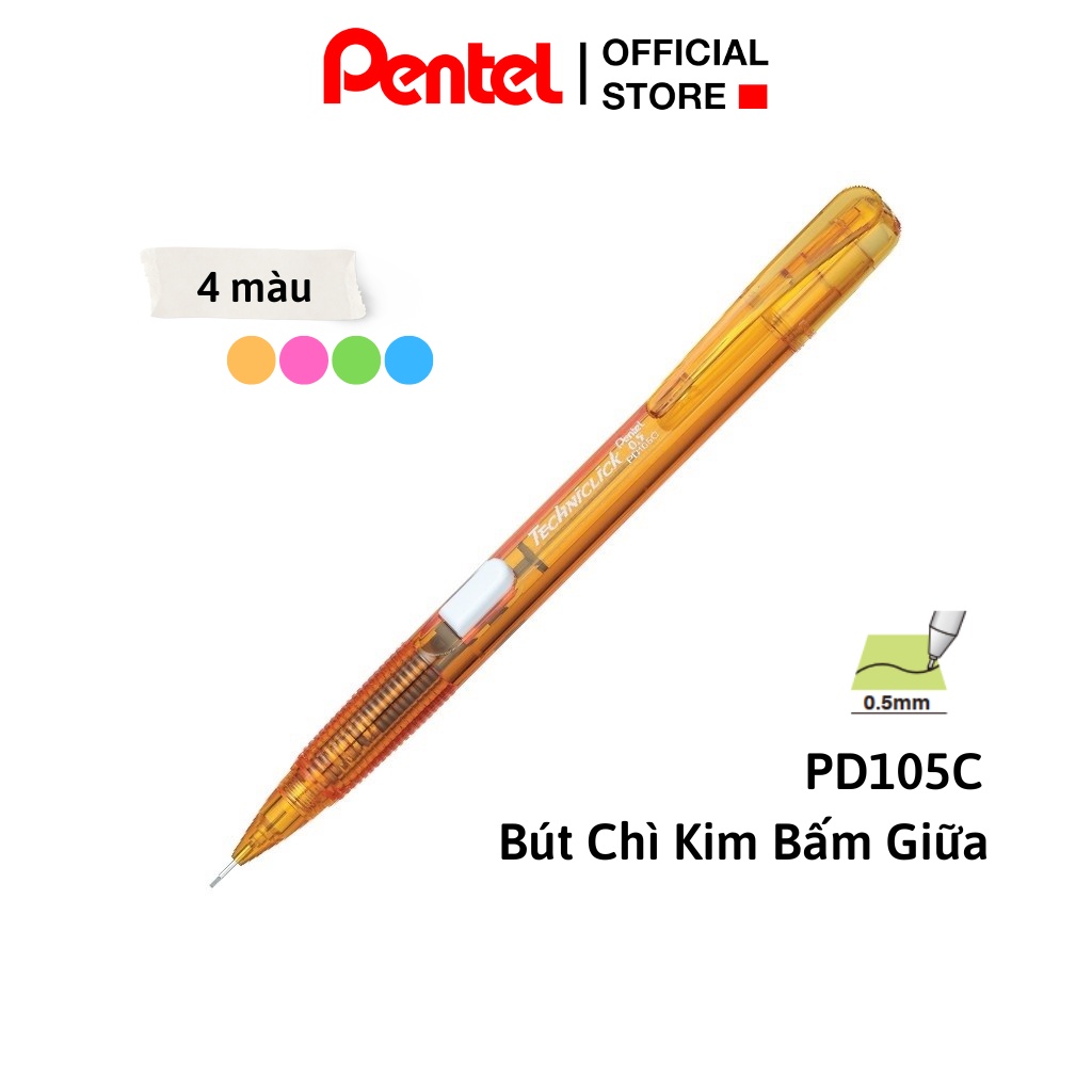 Bút Chì Kim Pentel PD105C Nút Bấm Thân Giữa | Ngòi 0.5mm | Thiết Kế Thân Nhựa Màu Bán Trong Đẹp Mắt