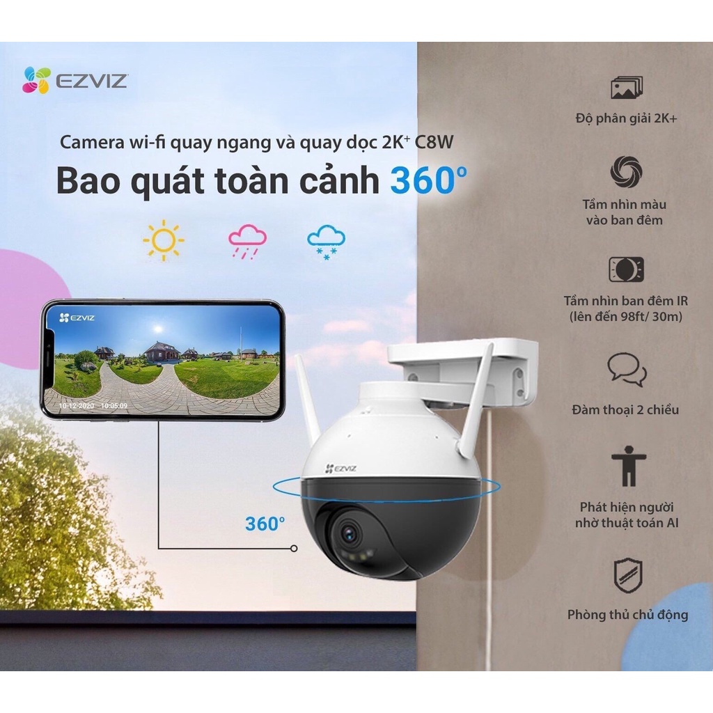 [MUA 2 TẶNG 1 QUÀ EZVIZ] Camera EZVIZ C8W ngoài trời 4mp , xoay 360 độ, camera có màu ban đêm, không dây wifi