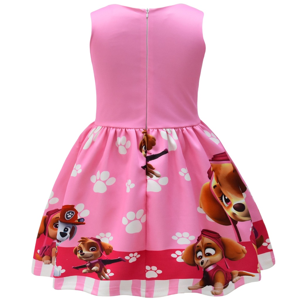 Đầm sát nách đính nơ màu hồng in hình hoạt hình Paw Patrol thời trang dự tiệc hóa trang cho bé gái