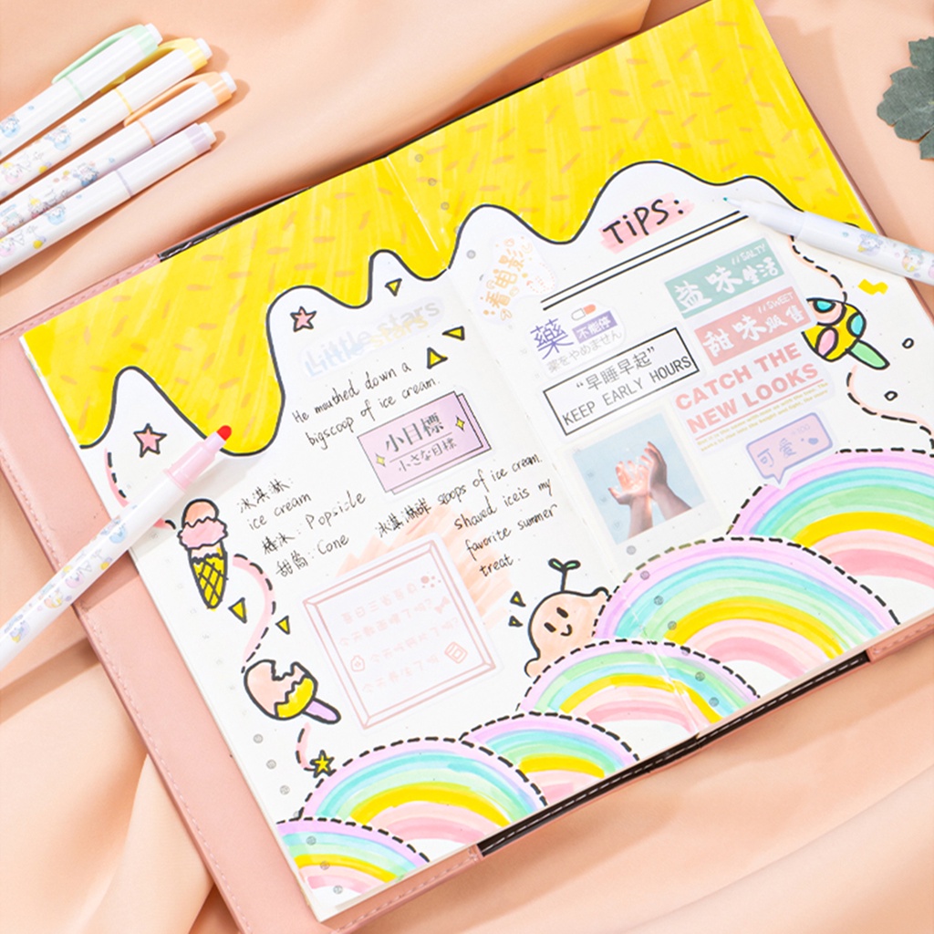 Bộ 6 Bút Bắt Sáng Hai Mặt Màu Macaron Hoạt Hình Dễ Thương