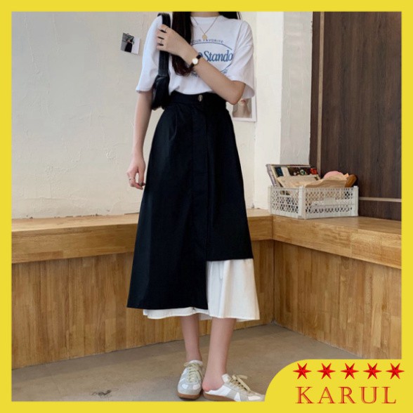 Chân váy dài ulzzang xòe vạt lệch phối đen trắng-Chân váy xoè vạt lệch tầng phong cách hàn quốc | BigBuy360 - bigbuy360.vn
