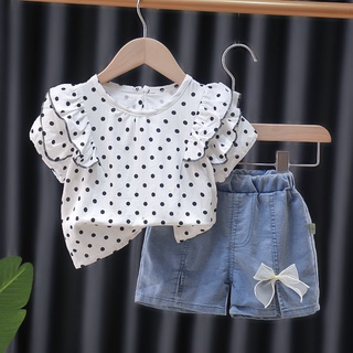 Set Áo Tay Ngắn Phồng Họa Tiết Chấm Bi Và Quần short denim Thời Trang Cho Bé Gái