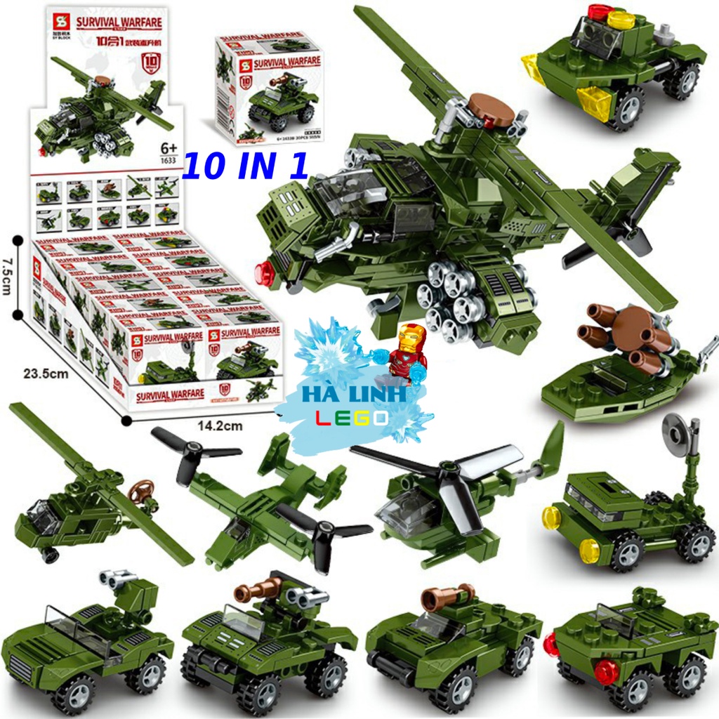 Bộ Đồ Chơi Xếp Hình 10 in 1, Bộ SURVIVAL WARFARE Chủ Đề Xe Cơ Giới Quân Đội, Trực Thăng Chiến Đấu 1633