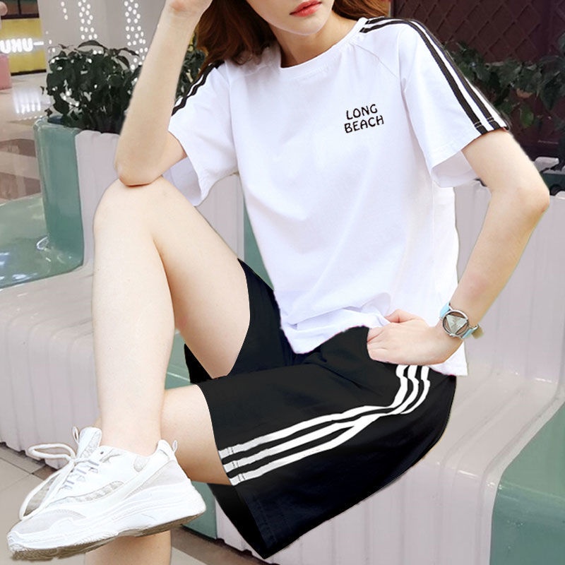 Bộ đồ thể thao hai món áo thun tay ngắn dáng rộng bằng vải cotton thời trang mùa hè hàng mới dành cho bạn nữ