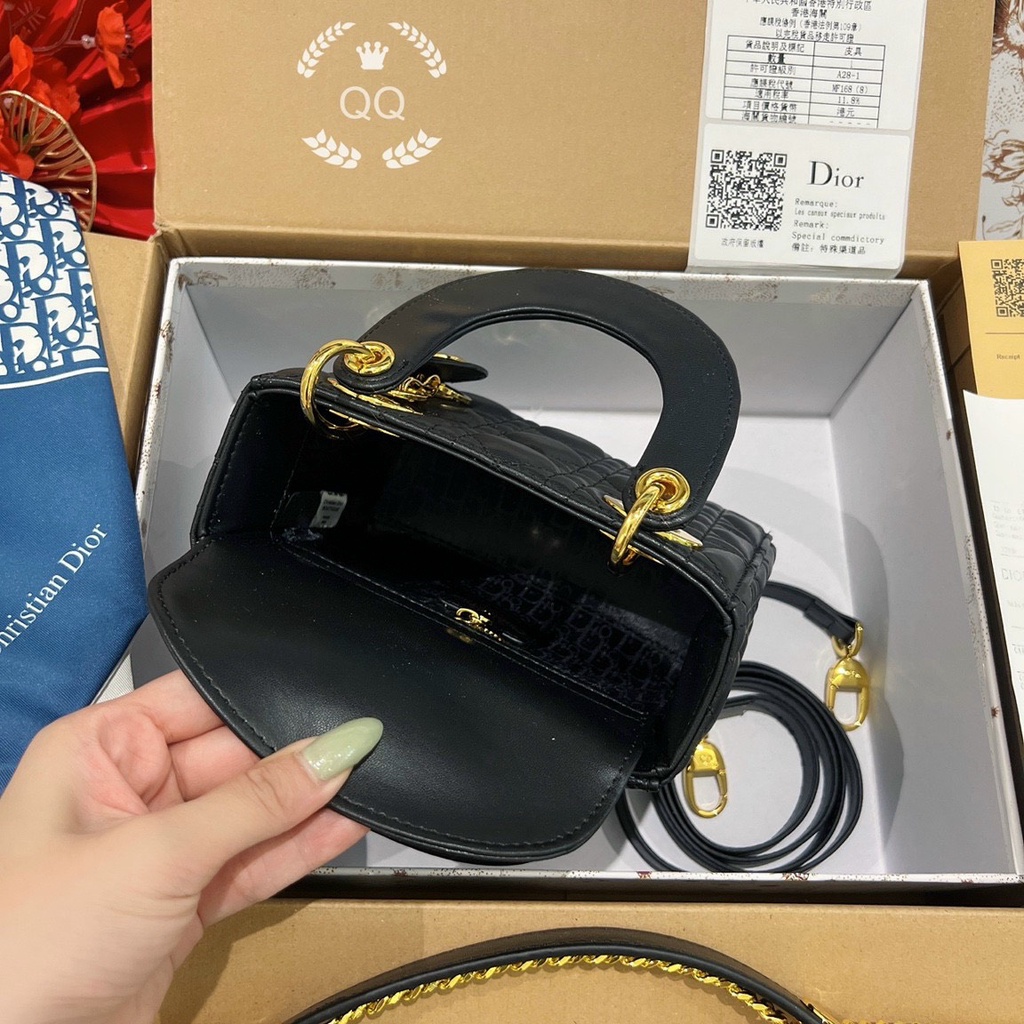 Túi Xách Thời Trang💝💝Mini Lady Dior 3 Ô Super Khóa Vàng Màu Đen Size 17Cm