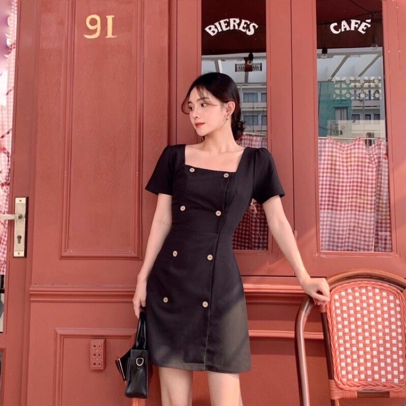 Đầm cổ vuông Faydi Dress BlaPink váy ngắn tay chuẩn form dễ thương màu trắng đen T209